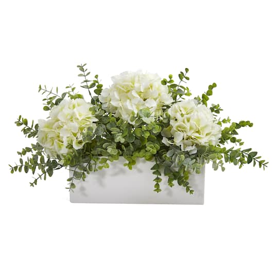 15&#x22; Hydrangea &#x26; Eucalyptus Artificial Arrangement In White Vase